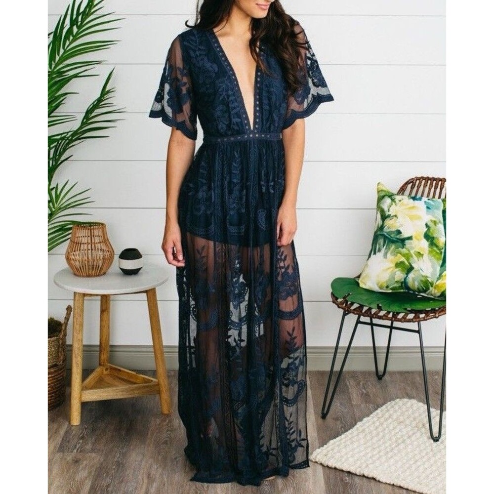 Honey Punch Navy Blue Lace Maxi Dress Sheer Floral Embroidered Short L Boho